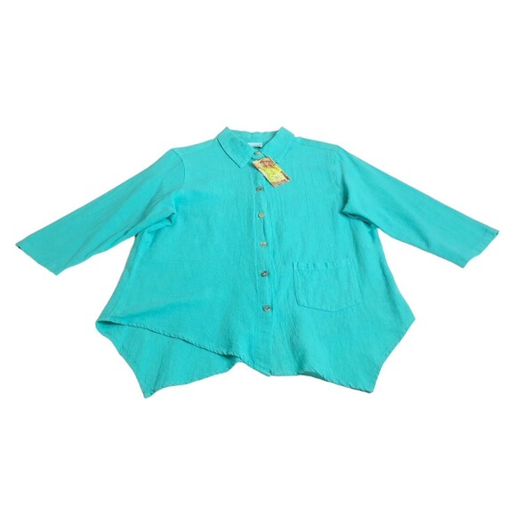 CMC Color Me Cotton Top Womens M Aqua Tunic Asymmetric Oversized Lagenlook NWT - Picture 2 of 15
